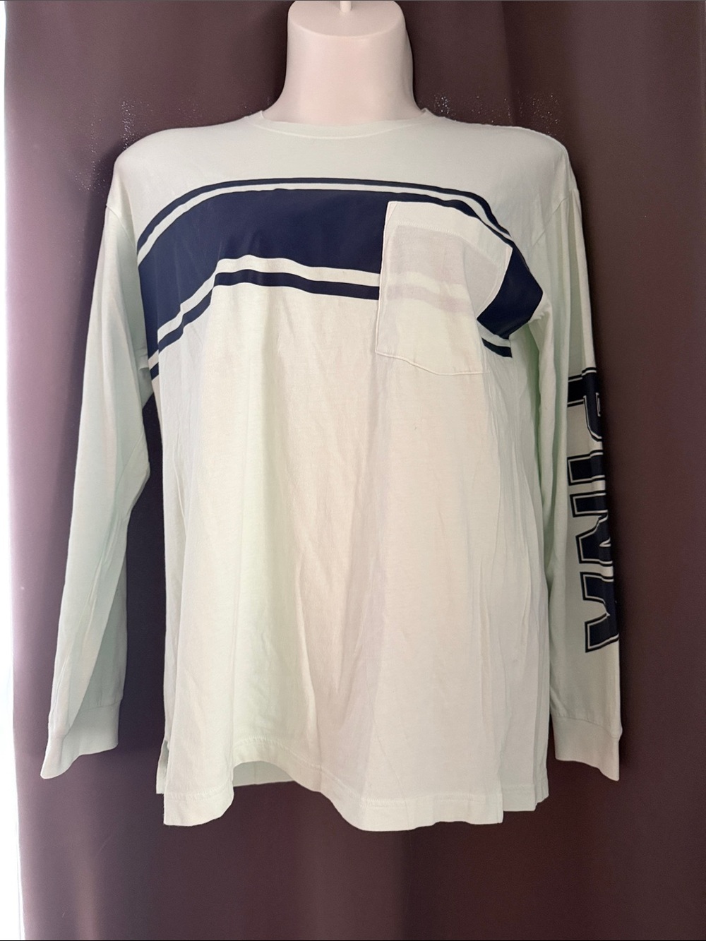 PINK Victoria's Secret Light Mint Long-Sleeve Tee with Navy Graphic